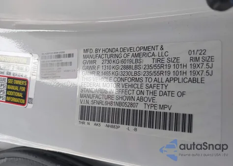 2022 Honda Odyssey Touring z USA, uszkodzony, nr VIN 5FNRL6H81NB052807